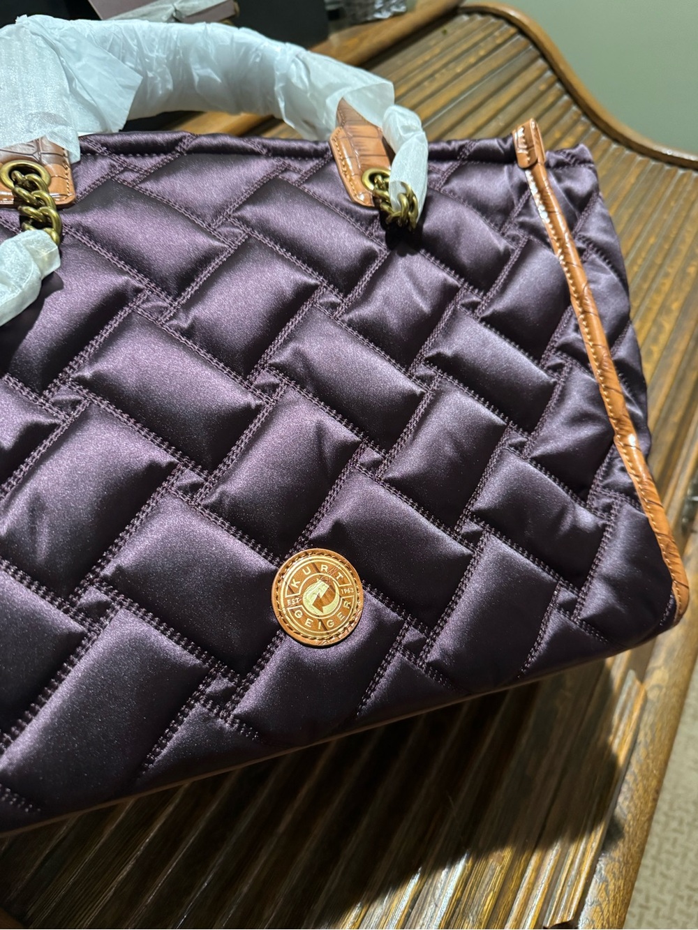 NWT Kurt Geiger Hoxton Shopper Tote in Deep Plum Quilted Satin - Picture 3 of 6